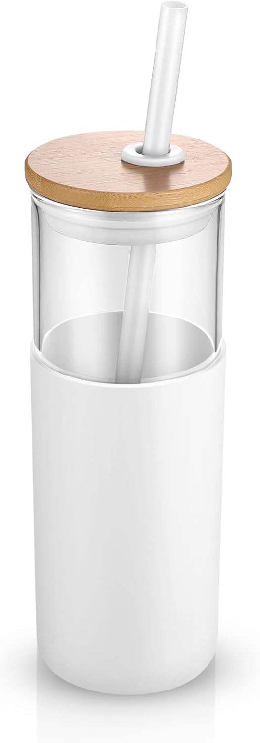 Tronco Vaso de vidrio de 24 onzas con popote y tapa, taza de vidrio con tapa y pajita, taza de batido, taza de café helado, tapa de bambú y funda