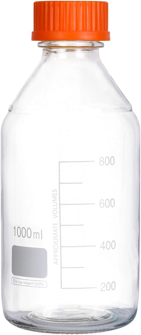 4 piezas 33.8 fl oz graduado redondo reactivo mediosbotella de vidrio de almacenamiento con GL45 naranja polipropileno tapón de rosca