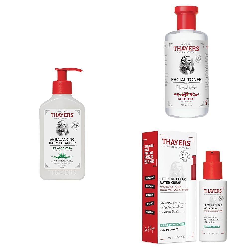 THAYERS Limpiador de pH, 8 onzas líquidas + tónico facial de pétalos de rosa con fórmula de aloe vera, 12 onzas líquidas + crema facial THAYERS