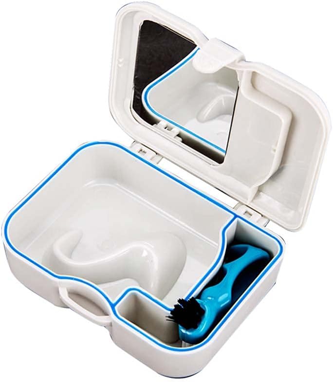 Caja de dentadura con espejo y cepillo limpio Práctica caja de almacenamiento de dientes falsos Cuidado dental