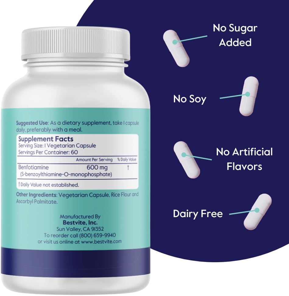 BESTVITE Ultra Benfotiamina 600 mg por cápsula (60 cápsulas vegetarianas) sin estearatos – Sin dióxido de silicio – Vegano – Sin OMG – Sin gluten –