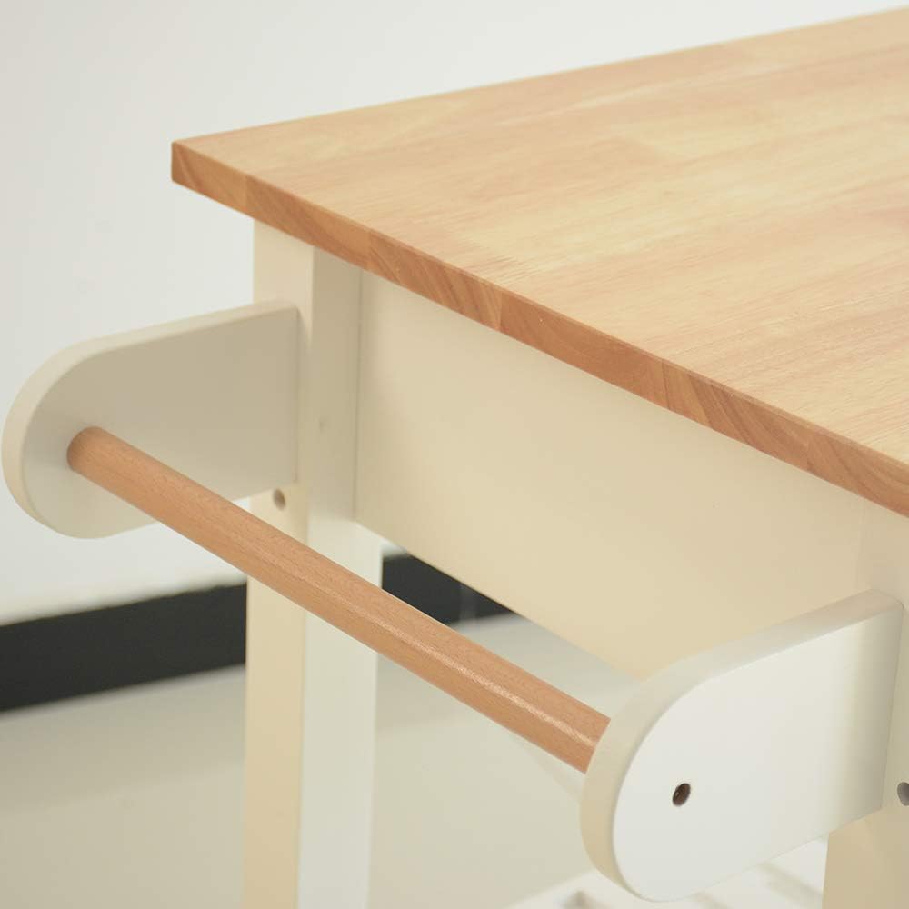 Isla de cocina rodante y carrito de cocina con 2 cajones, 2 estantes de almacenamiento, toallero y dos ruedas giratorias con bloqueo, mesa de