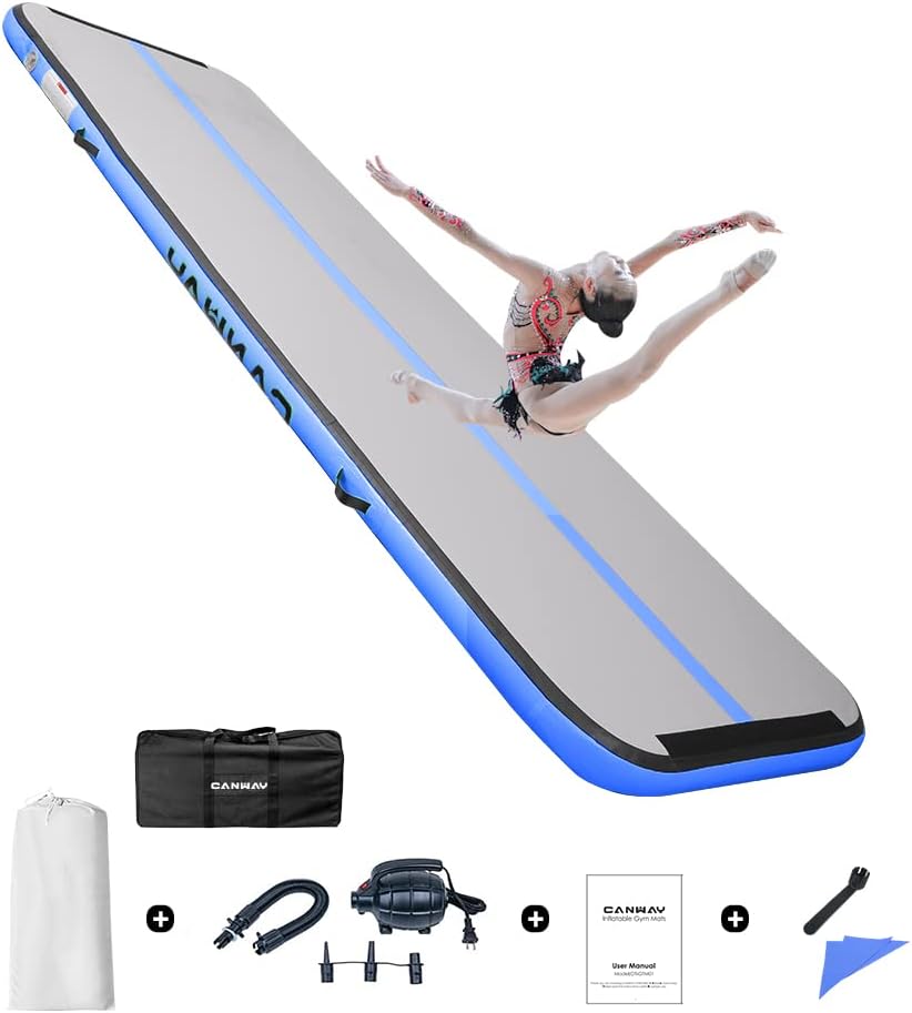 CANWAY Air Tumble Track – Colchoneta inflable de gimnasia de 10, 13, 16, 20 pies, con bomba de aire eléctrica para el hogar, al aire libre,