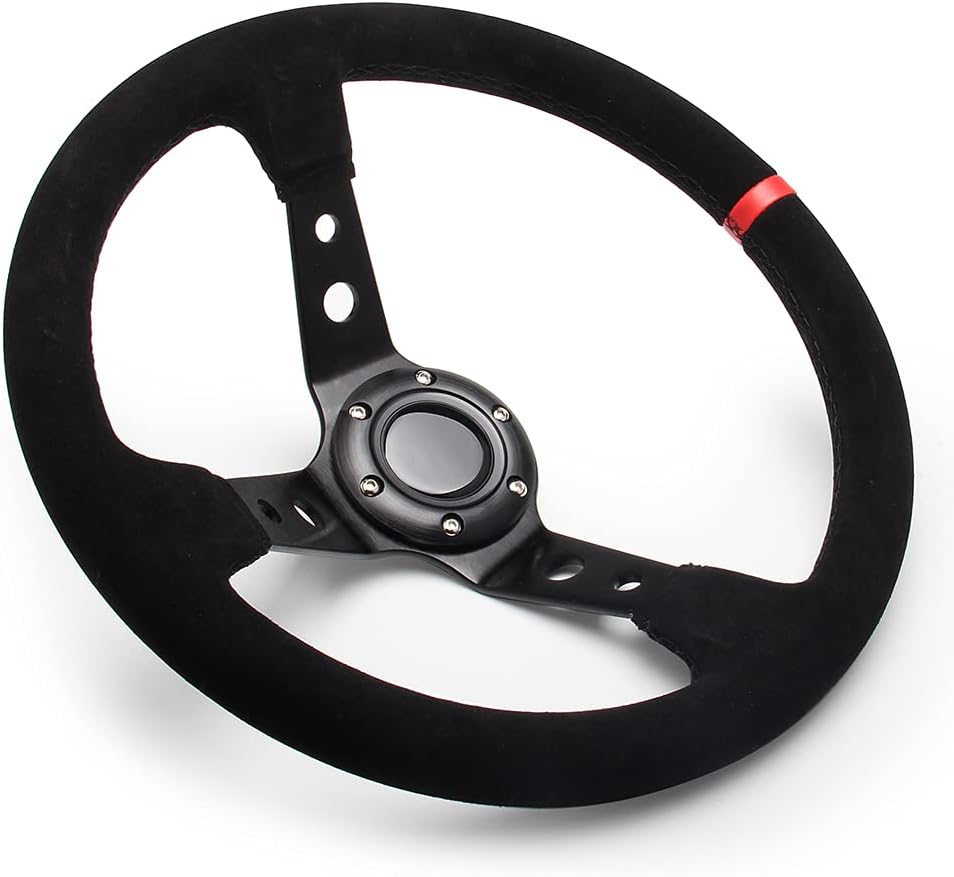 Volante de 14 pulgadas de profundidad de 13.780 in, plato de 6 pernos para volante de carreras deportivas, botón de cuerno de gamuza incluido EE.
