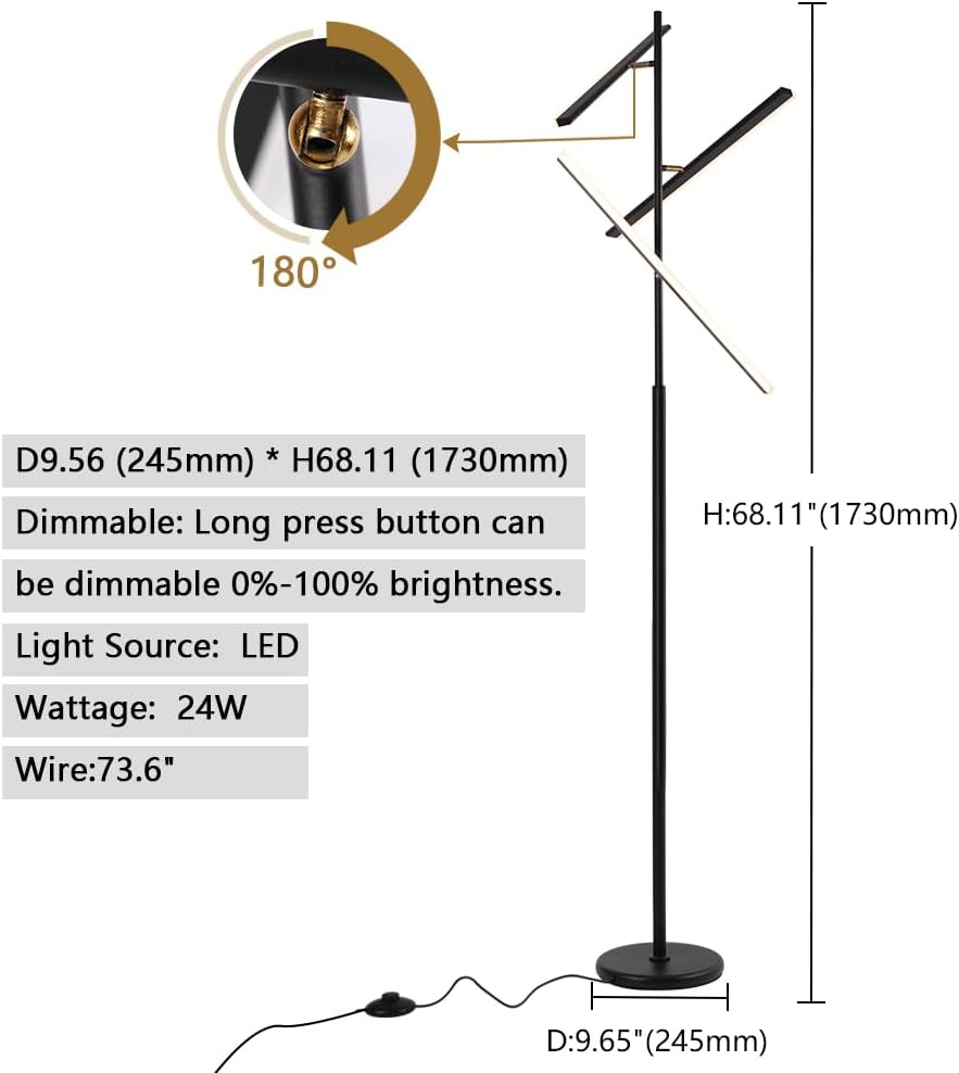 Lámpara de pie moderna, lámpara de pie LED regulable, lámpara de pie lineal de esquina de 68 pulgadas con 3 luces para dormitorio, lectura, sala de