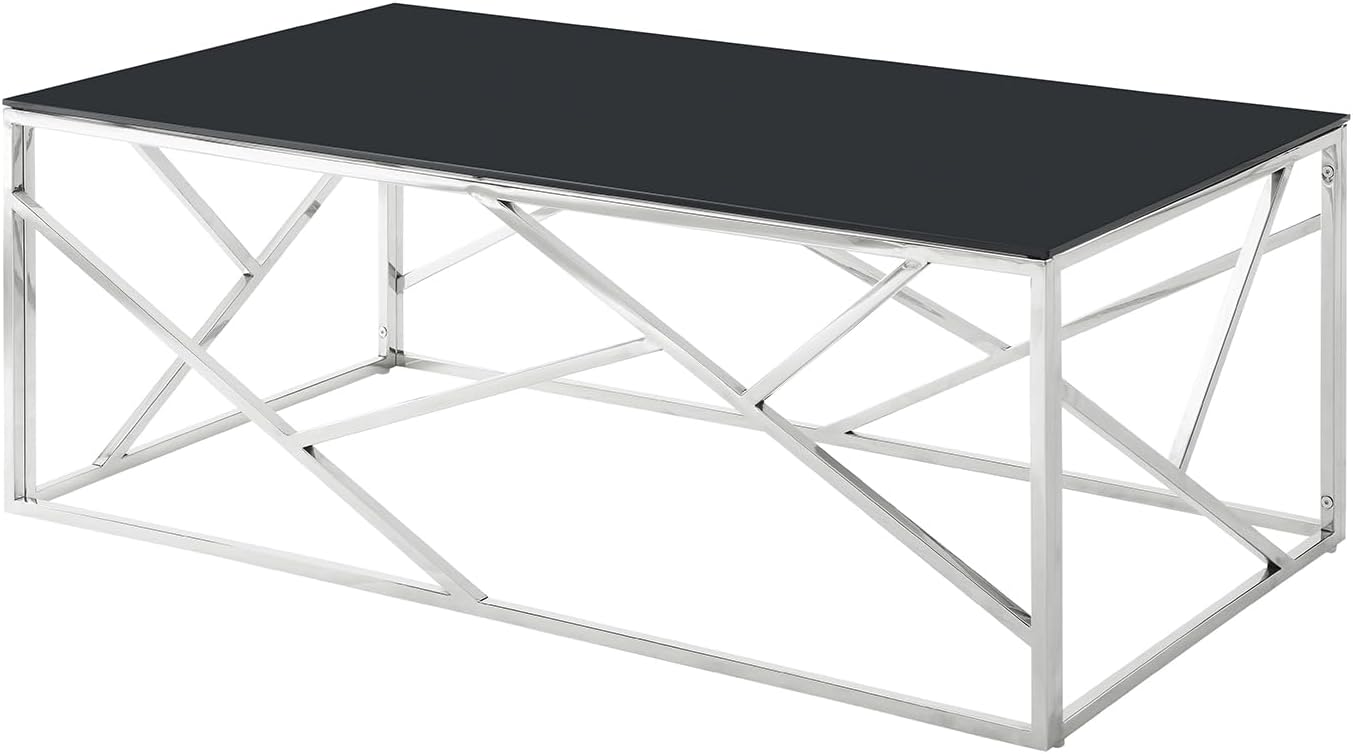 WOKER FURNITURE Mesa de centro de cristal negro con marco de acero inoxidable plateado, mesa de centro rectangular moderna con vidrio templado negro