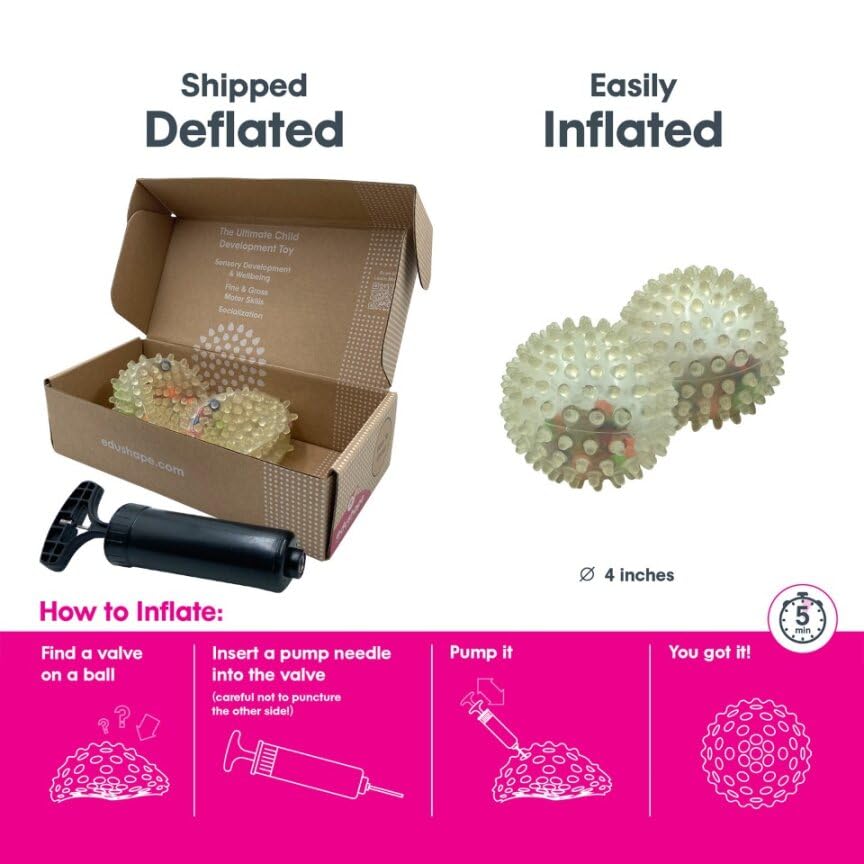 Edushape Colorbits – Pelota sensorial para bebé, juego de 2 bolas transparentes para bebé desinfladas con bomba, con puntas brillantes en el