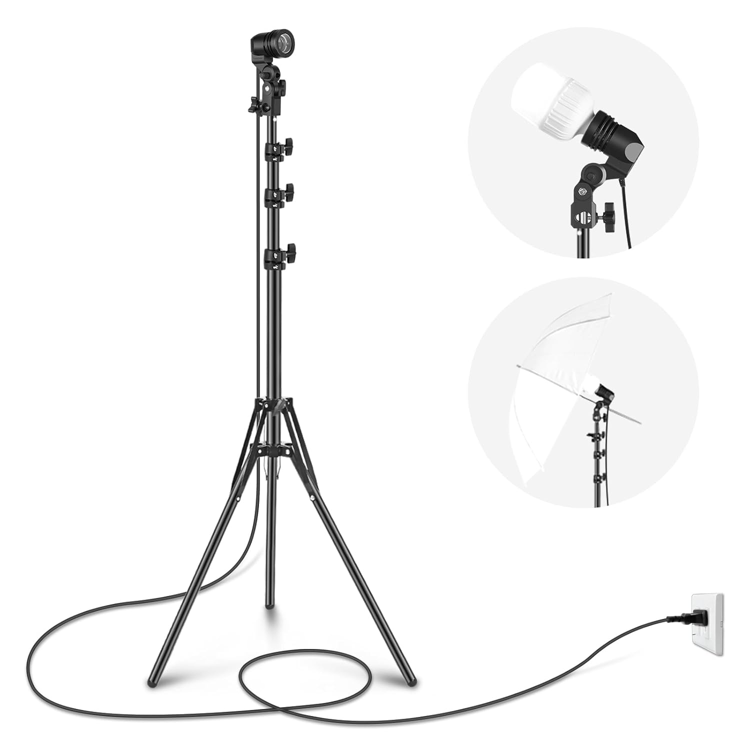 NEEWER E26 E27 Soporte de lámpara de cerámica de CA con soporte de luz, soporte para paraguas, cable de alimentación prolongado de 10.5 pies126.0 in