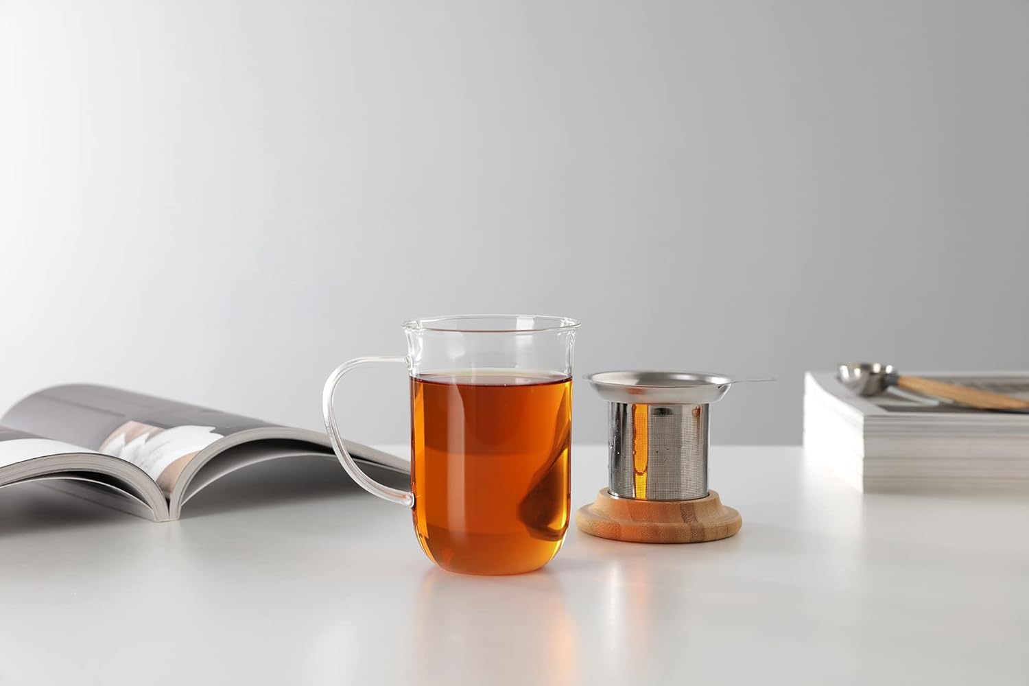 VIVA Minima Balance – Taza de té con infusor de vidrio, taza de 17 onzas  16.9 fl oz con malla de infusión de acero inoxidable y tapa de madera de