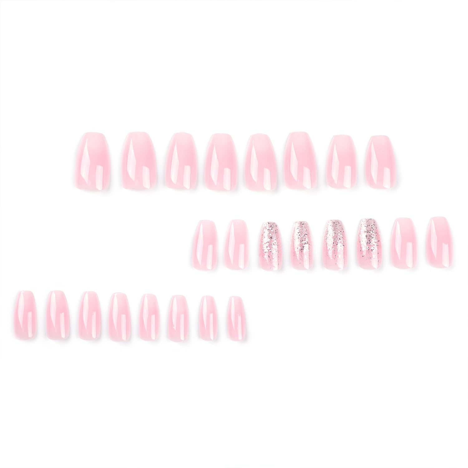 Uñas postizas a presión de ataúd, uñas postizas de longitud media, uñas postizas con purpurina rosa degradado, diseño brillante de cobertura