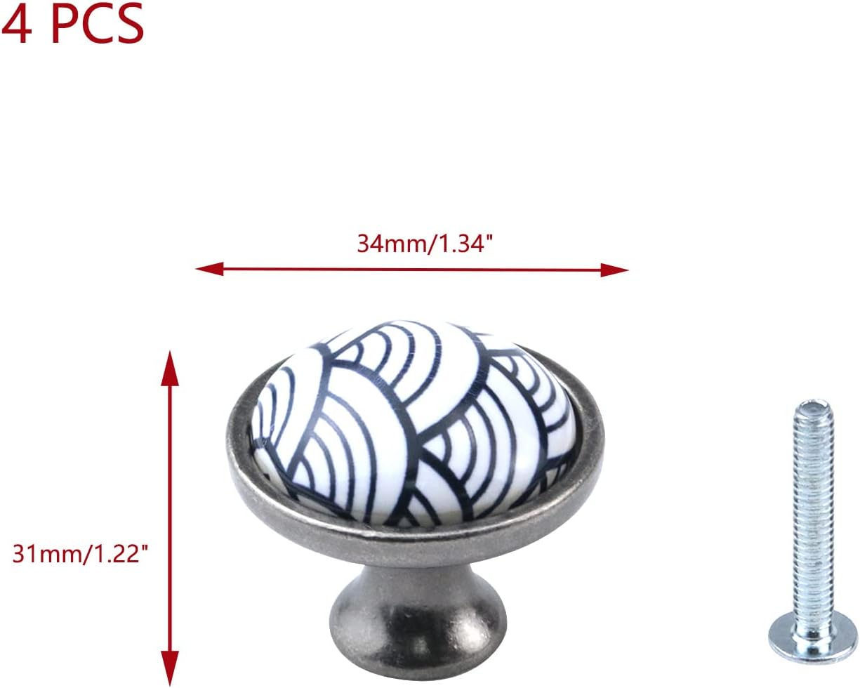 4 pomos de gabinete retro azules con ondas marinas para cajones, pomos florales de cerámica para armario de cocina con tornillos para armario,