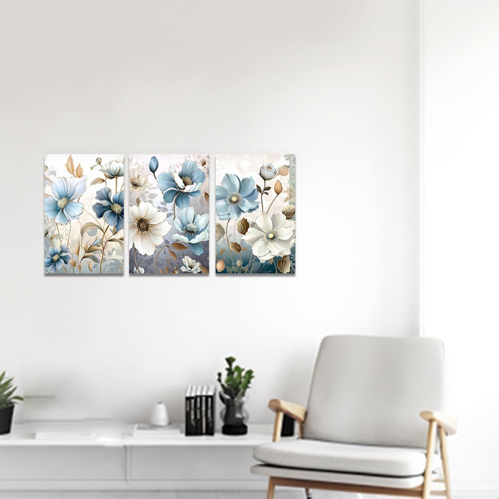 QIXIANG Lienzo decorativo para pared, 3 piezas, impresiones florales abstractas, pintura de flores azules y blancas para marco de decoración de
