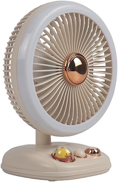 Ventilador de escritorio con luz LED, flujo de aire silencioso de velocidad variable, funciona con pilas recargables (beige)