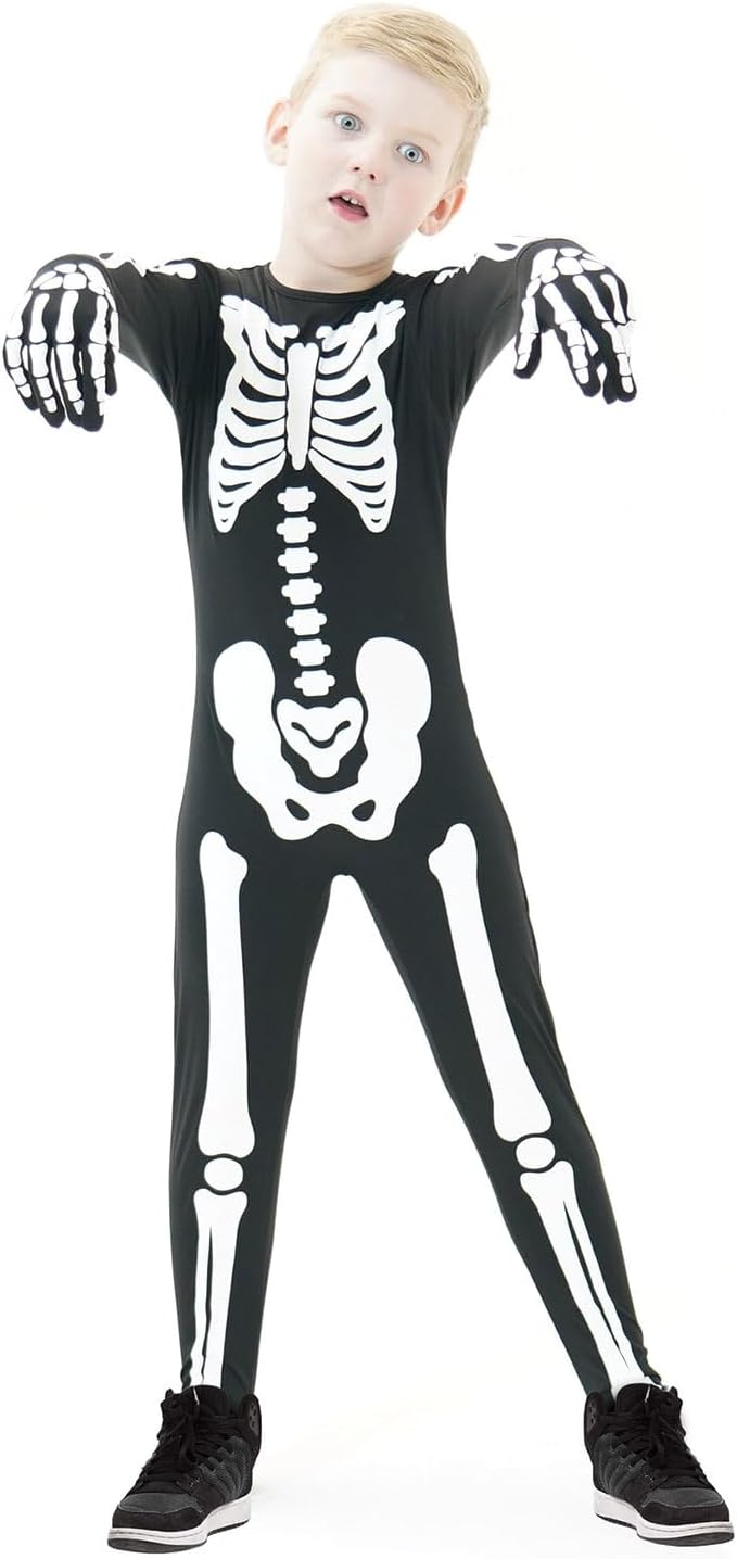FAYBOX Disfraz de esqueleto para niños, disfraz de Halloween que brilla en la oscuridad, disfraz de esqueleto para niños pequeños