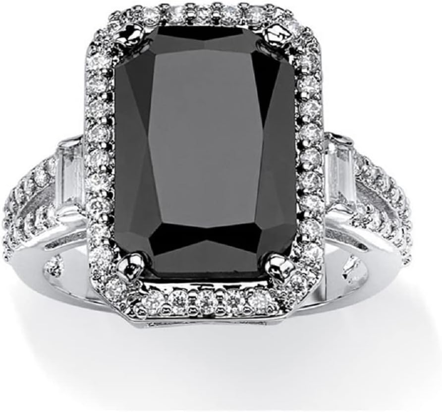 DOCCESTU Anillo de plata de ley 925 brillante con diamantes de corte cuadrado, ónix negro y diamante de circonita cúbica, anillo de compromiso hecho