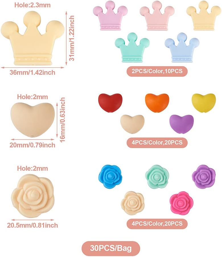 30 cuentas de silicona de corazón, corona, cuentas de goma, flores de silicona, cuentas sueltas de silicona a granel para mujeres, pulseras,