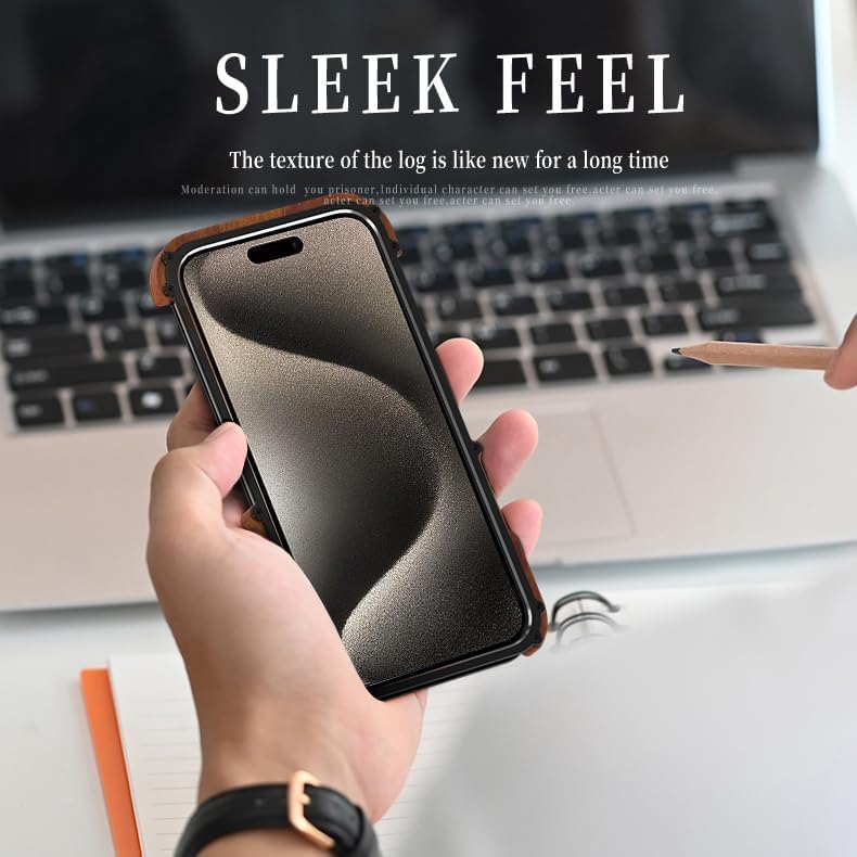 Kowauri Funda para iPhone 15 Pro Max, protección contra caídas, aleación de aluminio de metal y madera, funda protectora a prueba de golpes y caídas