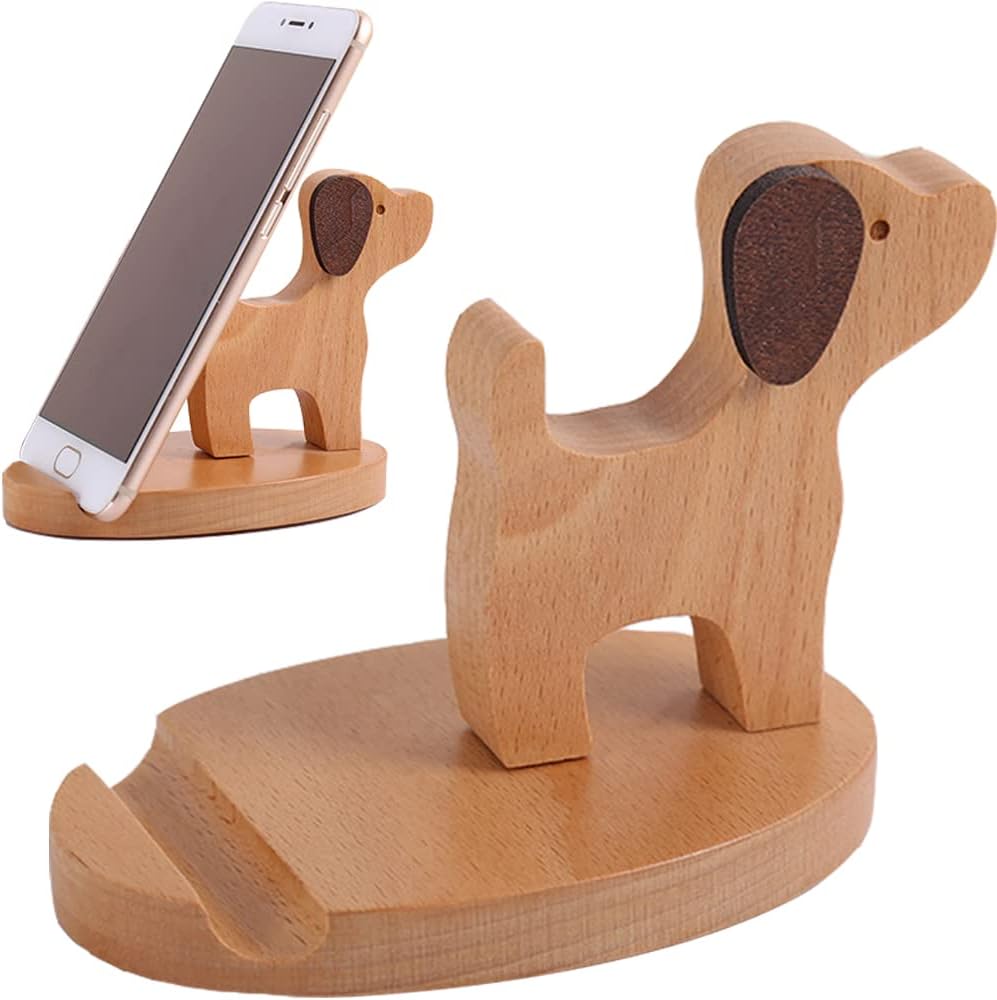 PBQOA Soporte para teléfono celular de 4 pulgadas, soporte de escritorio de madera para todos los teléfonos móviles, lindos animales, perros,