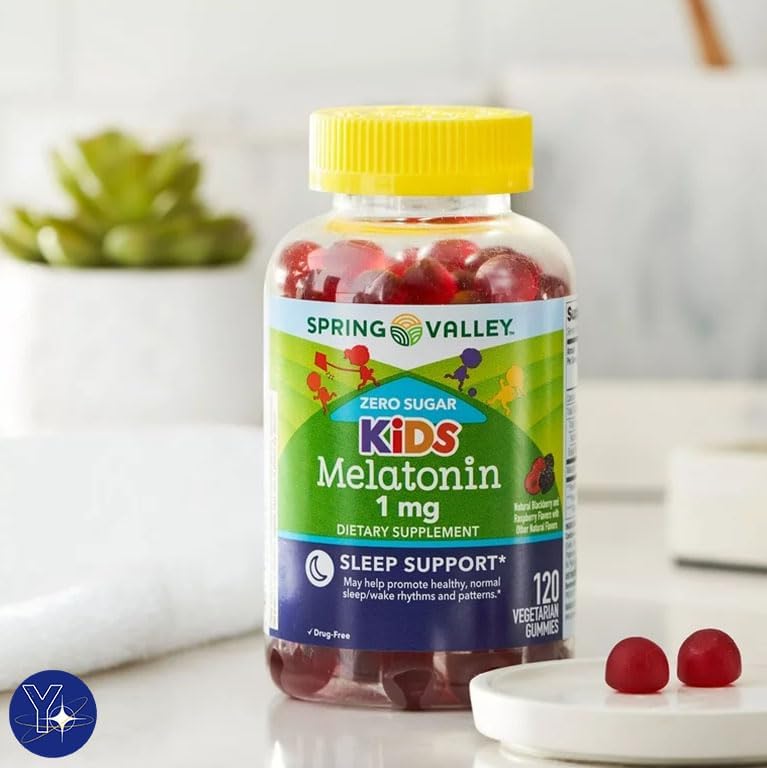 Zero Sugar Kids – Suplemento dietético de melatonina para dormir Spring Valley, gomitas de frambuesa y mora, 1 mg, 120 unidades y marcapáginas de
