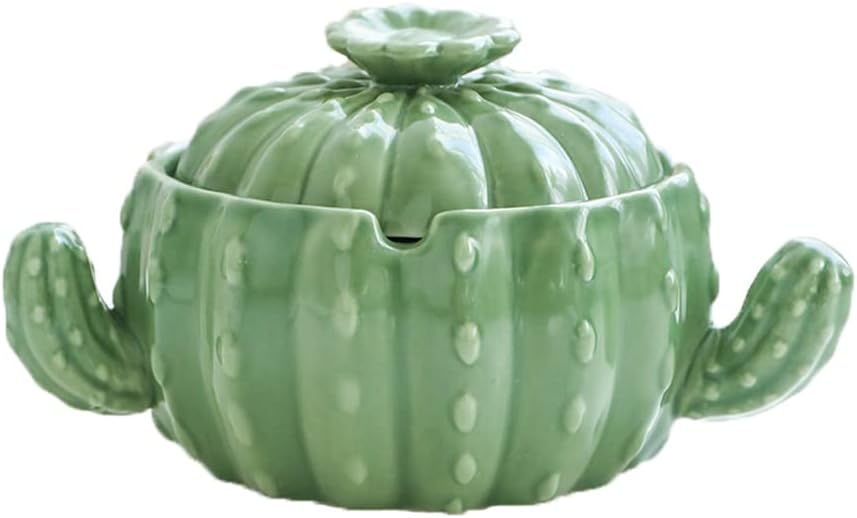 wybcfp Cenicero creativo en forma de cactus verde con tapa, cenicero de cerámica verde con tapa, cenicero para manualidades, resistente al viento,