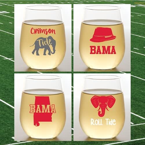 Juego de 4 copas de vino de plástico inastillables de 16 onzas fabricadas en los Estados Unidos (BAMA ROLL TIDE)