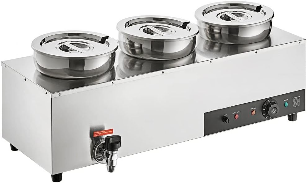 Calentador de sopa Bain Marie – Estación eléctrica comercial de 1200 W con tres ollas de acero inoxidable de 7.4 cuartos de galón y botón de