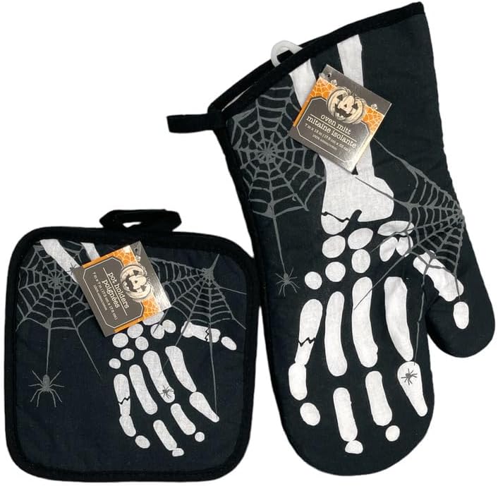 D.R.E.LLC – Juego de guantes de horno y soportes para ollas de esqueleto de Halloween, decoración de cocina de Halloween, accesorios de cocina de