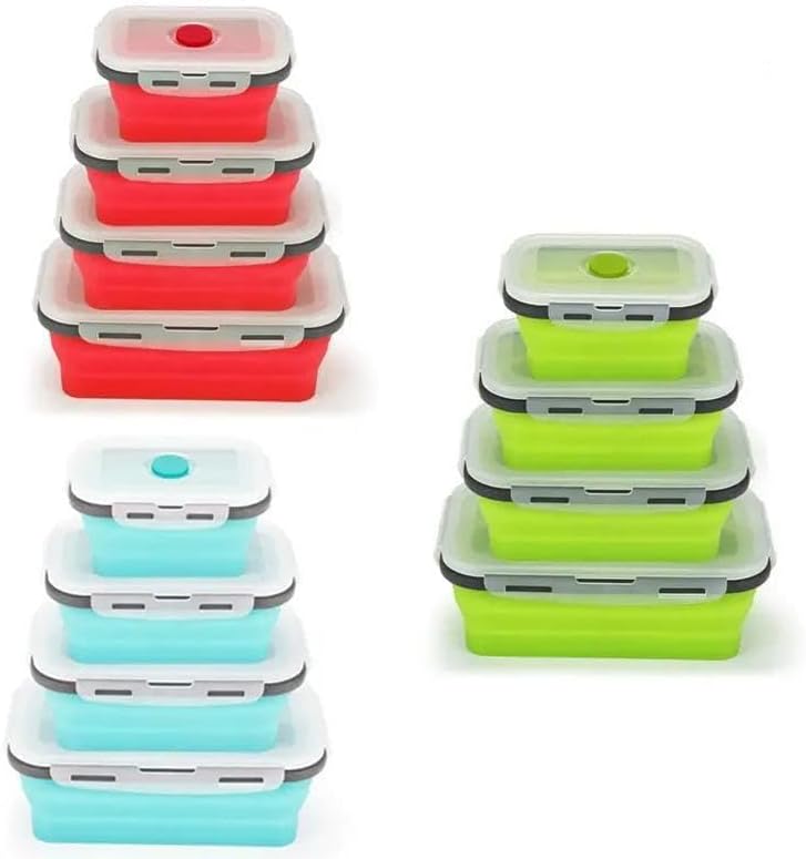 Contenedores de plástico para almacenamiento de alimentos con tapas, 4 piezas de silicona plegables con tapas para camping, recipientes de almuerzo