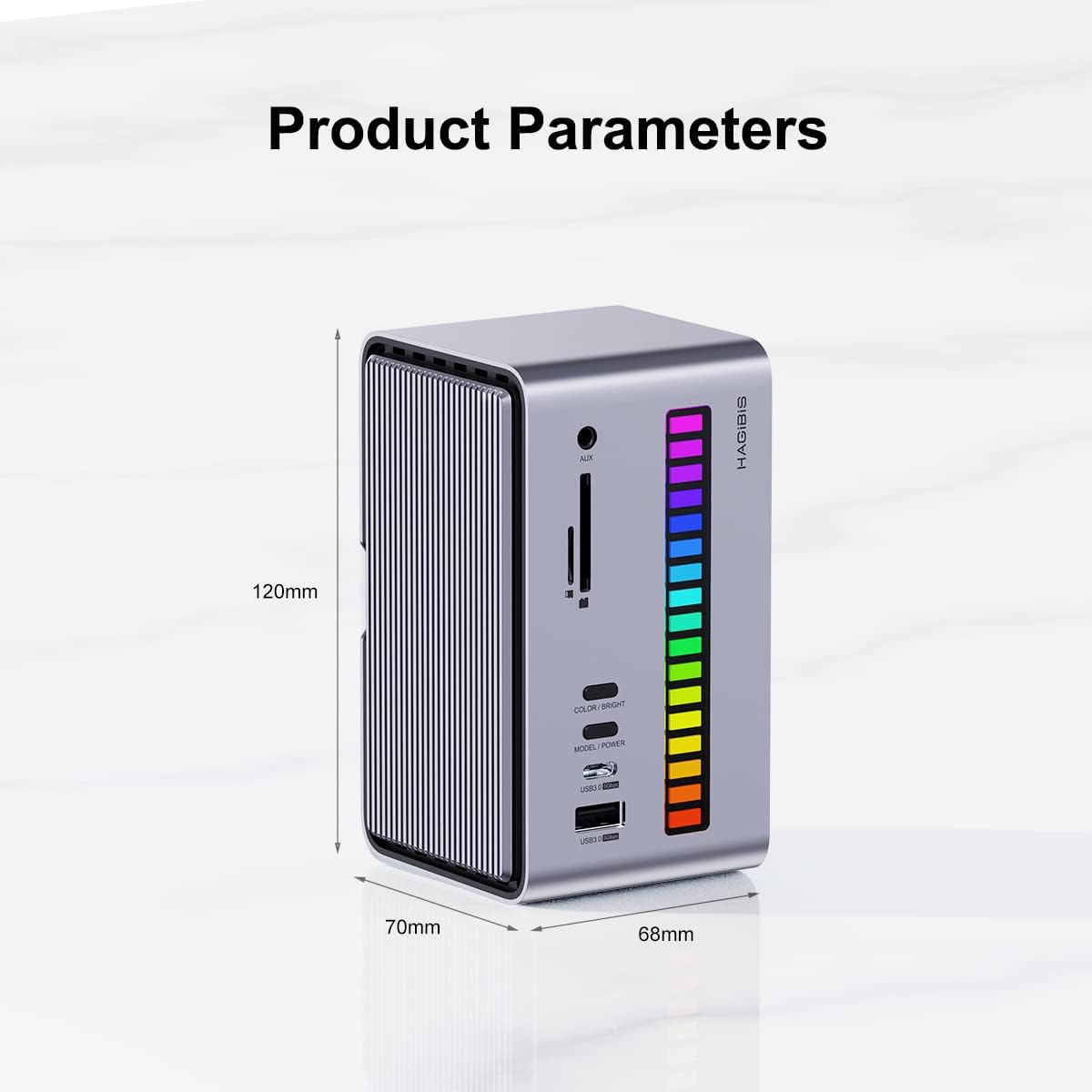 Hagibis Estación de acoplamiento dual USB C triple monitor, tira de luz LED USB-C Hub Adaptador tipo C con 8K DP y HDMI, carcasa SSD M.2, 100W PD,