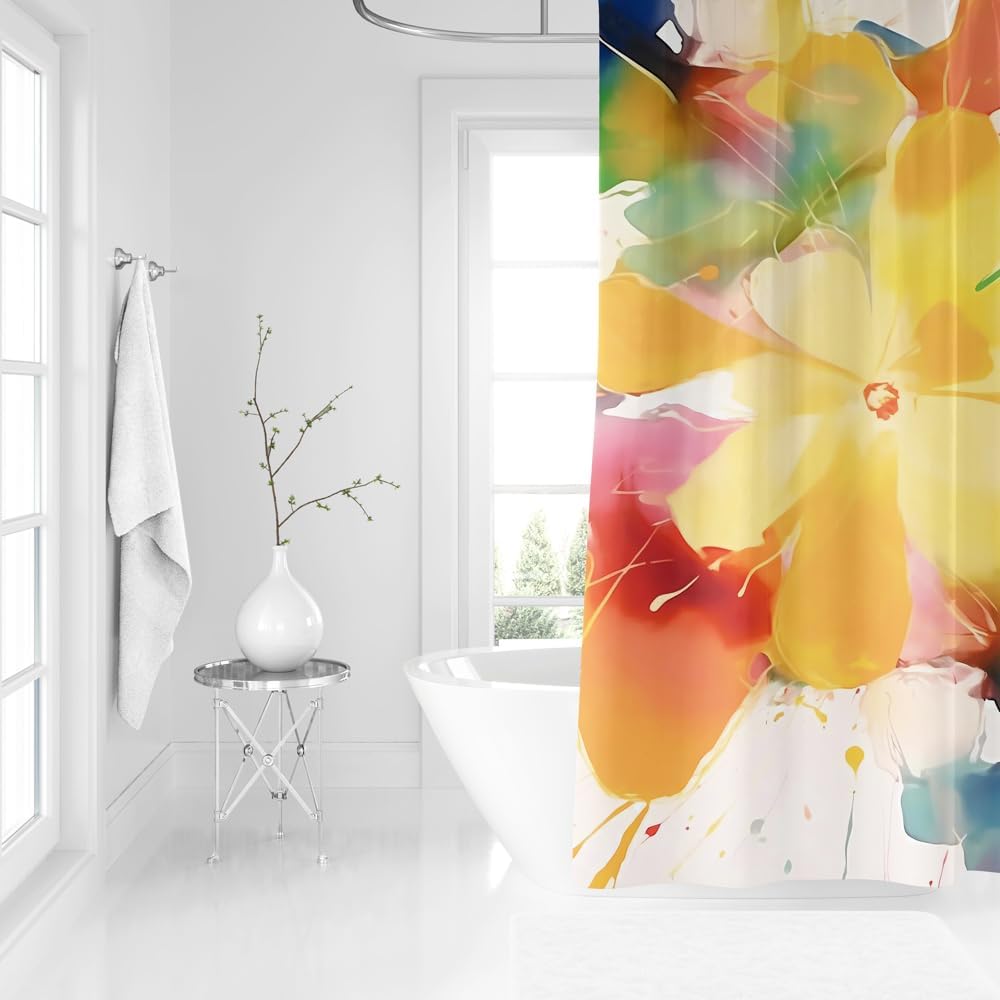 Juego de cortinas de ducha gruesas de granja, acuarela con flores bohemias para decoración de baño, tela impermeable con ganchos (margarita de