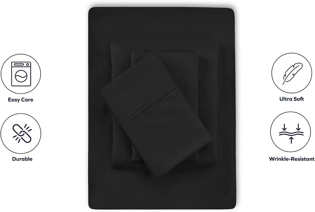 BLC – Sábanas negras de microfibra cepillada, ropa de cama egipcia tamaño King, sábana de enfriamiento extra suave, colchón profundo de hasta 15