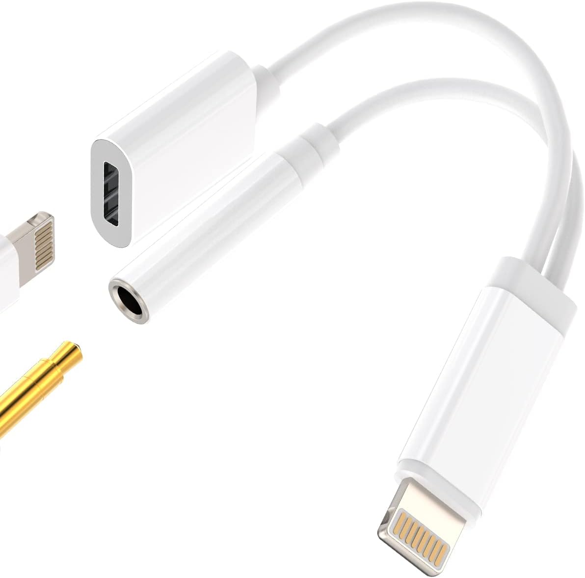 Adaptador auxiliar para iPhone para conector de auriculares, dongle 2 en 1 Lightning a 0.138in, cable de carga divisor Apple MFI certificado para