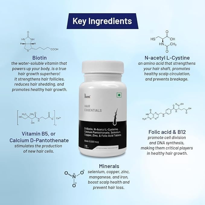 Biotin 10000mcg Tabletas de crecimiento del cabello  Controla la caída del cabello y mejora el grosor y el volumen del cabello  Suplementos de