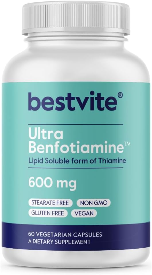 BESTVITE Ultra Benfotiamina 600 mg por cápsula (60 cápsulas vegetarianas) sin estearatos – Sin dióxido de silicio – Vegano – Sin OMG – Sin gluten –