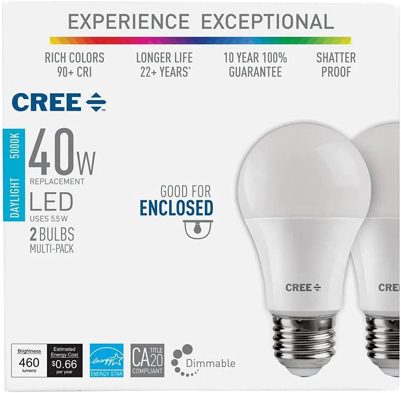 Cree Lighting Exceptional Series – Bombilla A19, bombilla LED regulable de 5000 K, 40 W + 460 lúmenes, luz diurna, paquete de 2