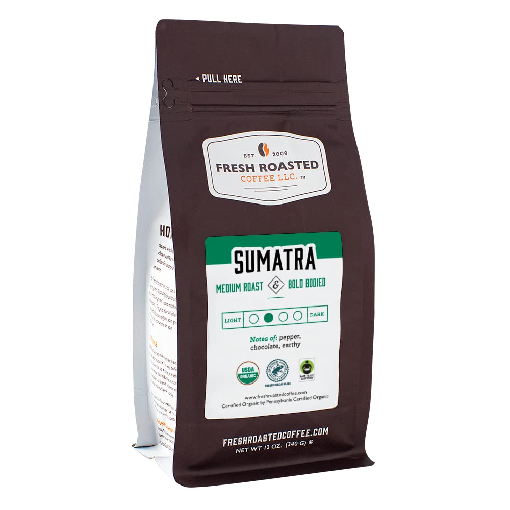 Fresh Roasted Coffee, Sumatra orgánica, 12 onzas, tostado medio, comercio justo Kosher RFA, grano entero
