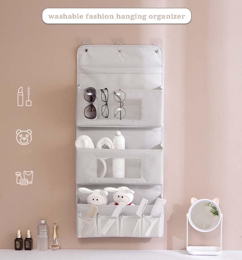 Organizador colgante para colgar sobre la puerta de baño con 2 bolsillos transparentes, organizador de almacenamiento detrás de la puerta,