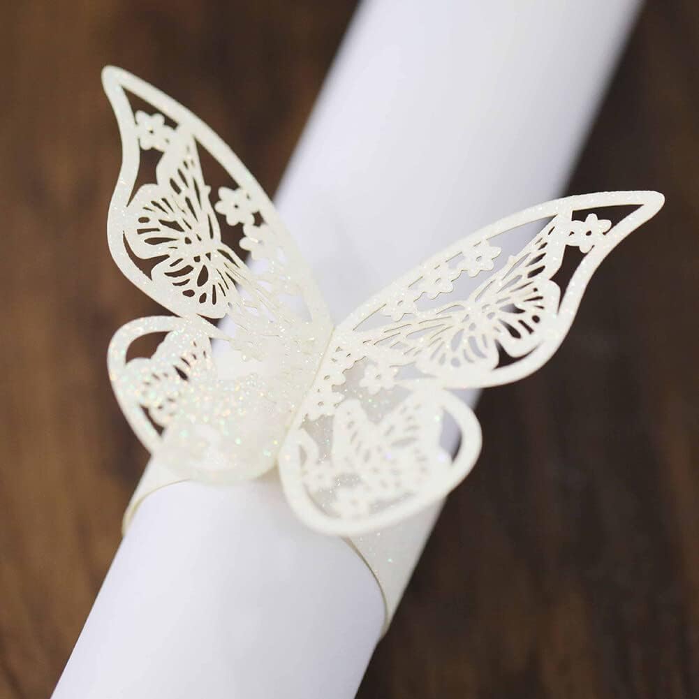 Juego de 50 servilleteros de papel de mariposa 3D, servilleteros de papel de aluminio huecos, hebillas de servileta, decoraciones de mesa para