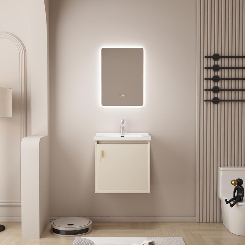 Tocador de baño pequeño de 20 pulgadas montado en la pared, pequeño tocador de baño con fregadero de cerámica, tocador de baño moderno con cajones
