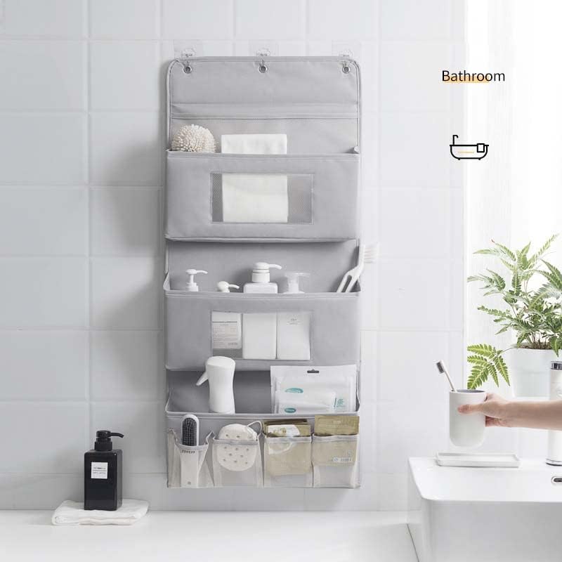 Organizador colgante para colgar sobre la puerta de baño con 2 bolsillos transparentes, organizador de almacenamiento detrás de la puerta,