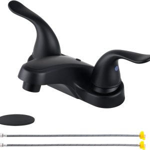 Grifo de lavabo de baño con doble asa, juego central de 4 pulgadas, grifo de fregadero negro para baño con tapón de drenaje emergente, grifos de Grifo de lavabo de baño con doble asa, juego central de 4 pulgadas, grifo de fregadero negro para baño con tapón de drenaje emergente, grifos de