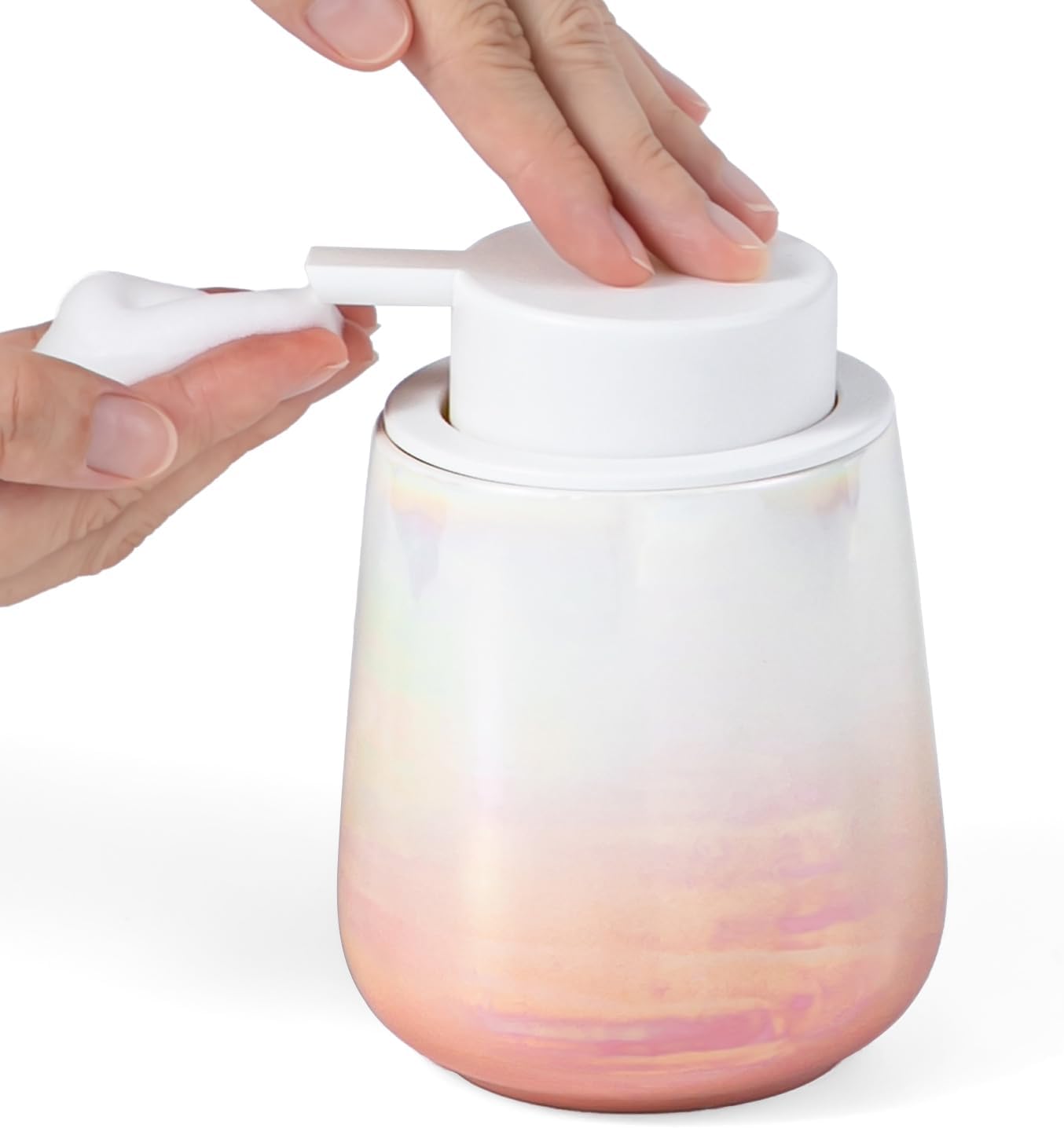 Dispensador de jabón rosa degradado, dispensador de jabón espumoso de cerámica con bomba fácil de presionar para baño, jabón líquido recargable de