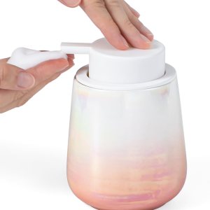 Dispensador de jabón rosa degradado, dispensador de jabón espumoso de cerámica con bomba fácil de presionar para baño, jabón líquido recargable de Dispensador de jabón rosa degradado, dispensador de jabón espumoso de cerámica con bomba fácil de presionar para baño, jabón líquido recargable de