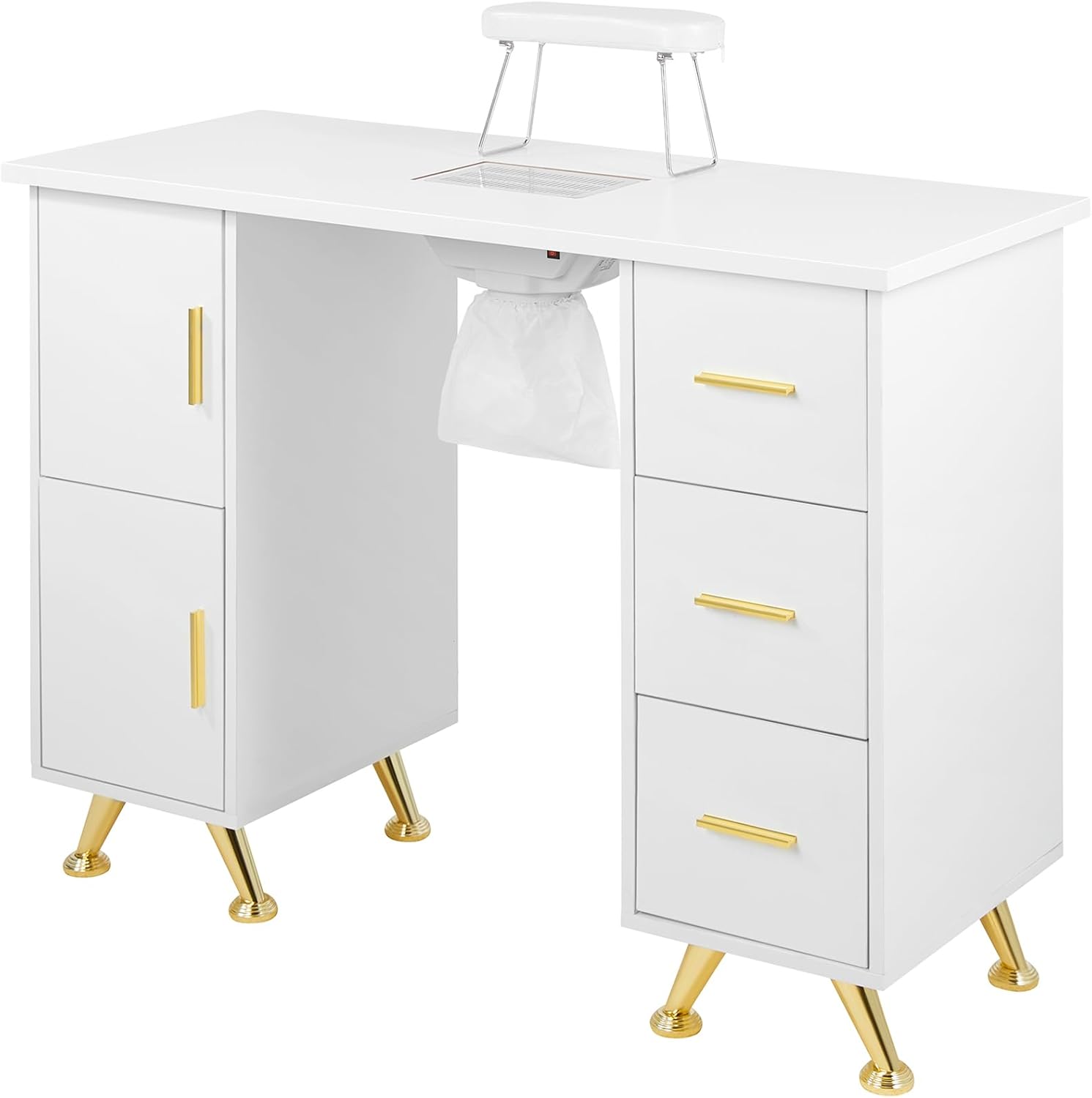 Hicomony Mesa de uñas blanca para tecnología de uñas, mesa de manicura con reposabrazos, colector de polvo de uñas, resistente a acetona, mesa de