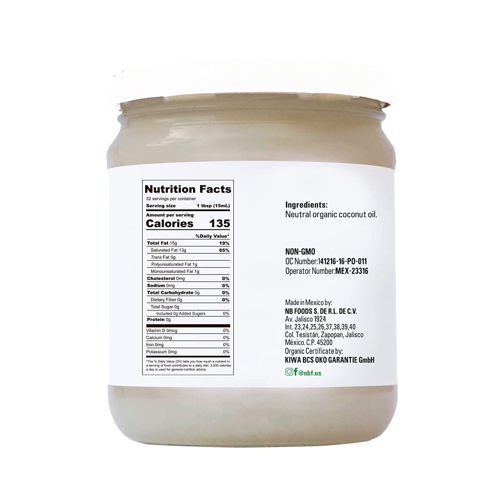 NBF Aceite de coco orgánico, sin sabor ni olor, sin OMG, prensado en frío, naturalmente refinado, sabor y aroma neutros, (16 onzas líquidas)