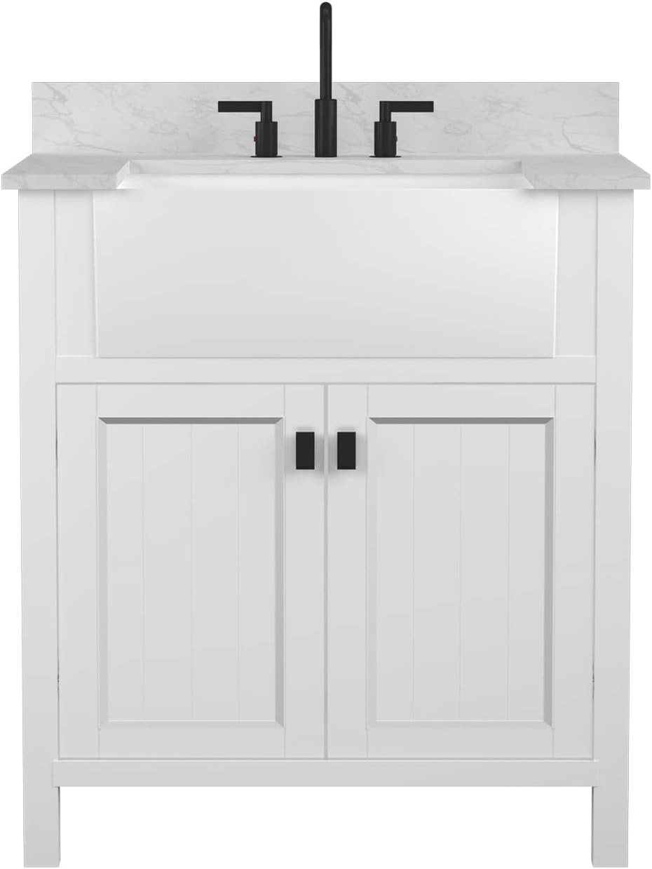 Tocador de baño con lavabo de 30 pulgadas, combo de gabinete de lavabo de baño en blanco, tocador de almacenamiento moderno con puerta de cierre