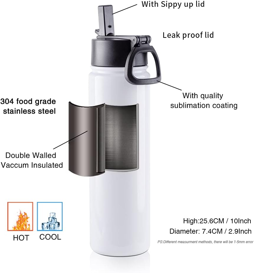 PYD Life Paquete de 8 vasos de sublimación en blanco de 22 onzas, botella de agua deportiva de acero inoxidable de boca ancha, termo al vacío con