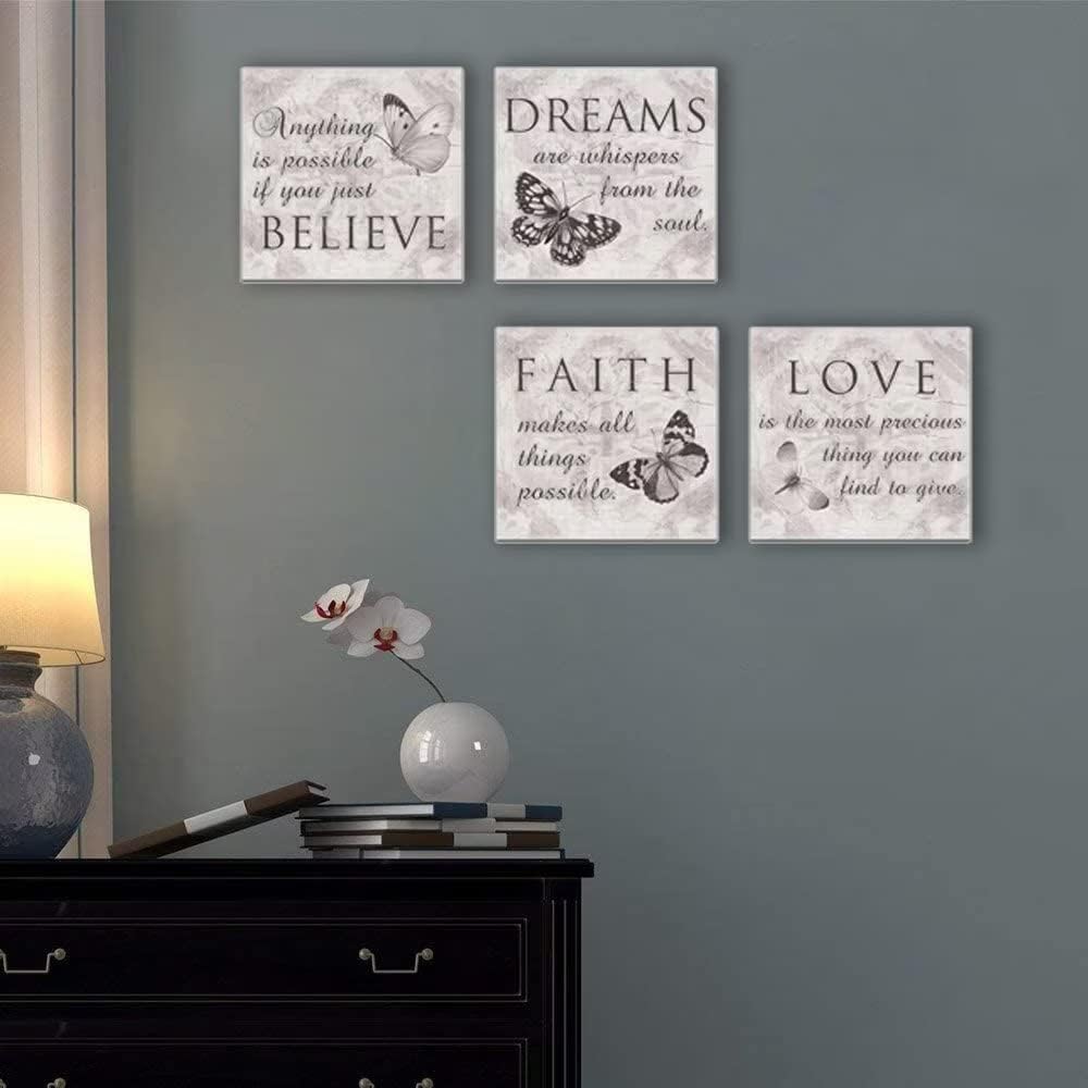 HDQ Art Lienzo inspirador familiar de mariposas en blanco y negro con citas de amor, sueño, fe, creer, baño, oficina, decoración de pared, pósteres