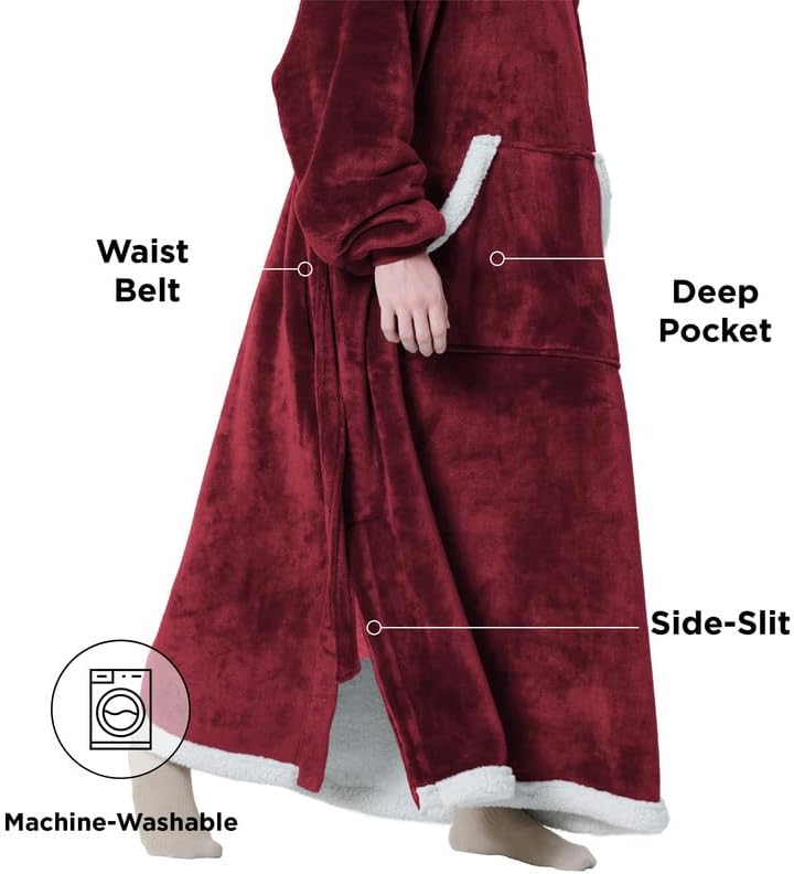 Bedsure Sudadera de manta de largo recorrido – Sudadera de manta con capucha, pequeño con división lateral y cinturón, cálida chaqueta de manta de