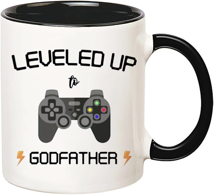 Taza de café Leveled Up To Godfather para jugadores, taza de café novedosa de 11 onzas